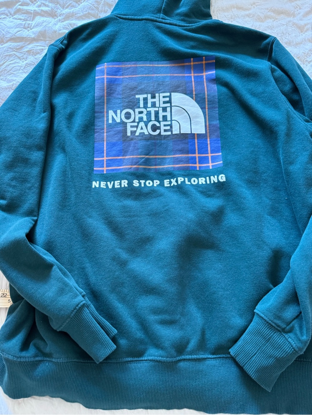 The North Face Men’s L Teal Plaid Back Graphic Never Stop Exploring Hoodie